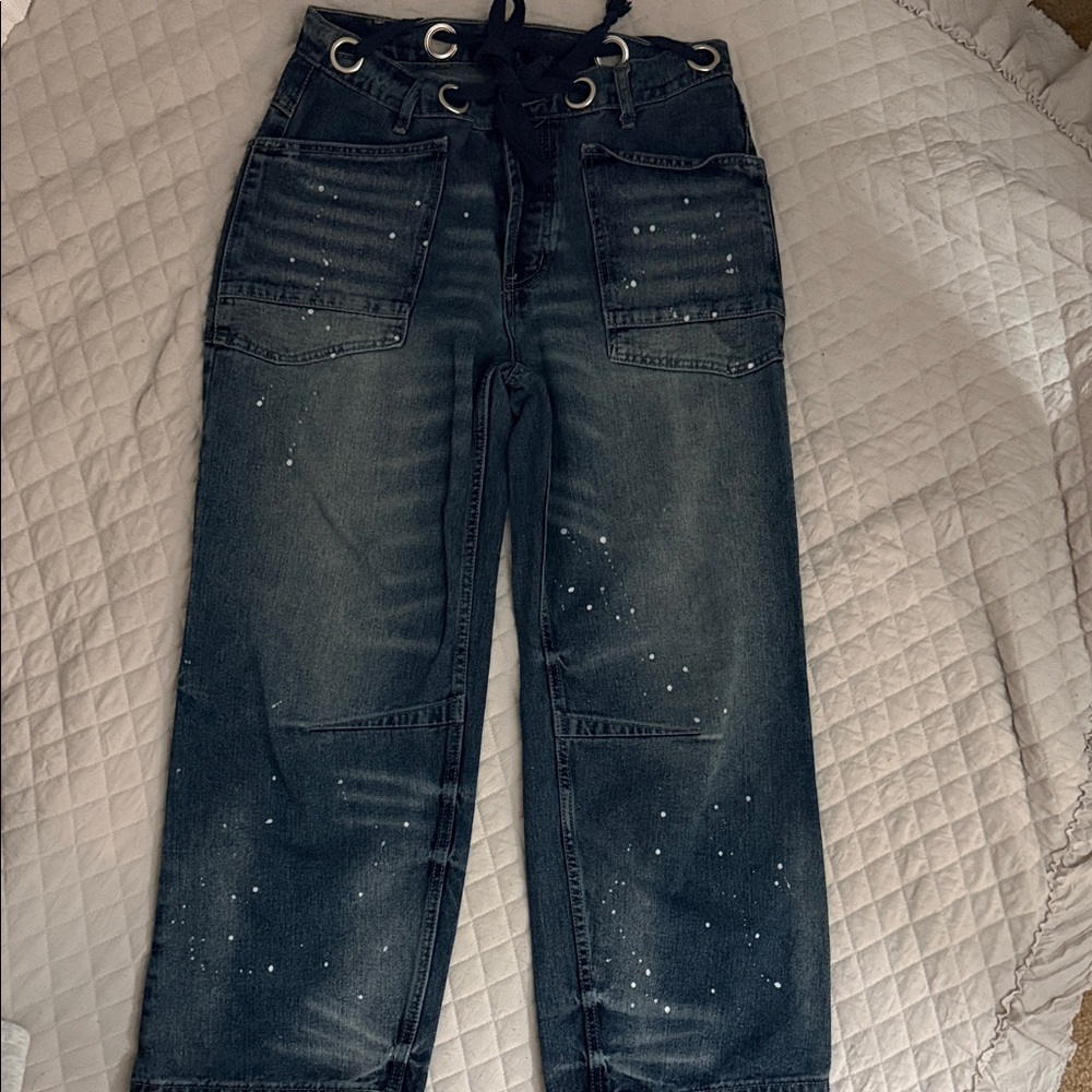 Dark Wash High-Rise Wide-Leg Jeans with Paint-Splatter Detail